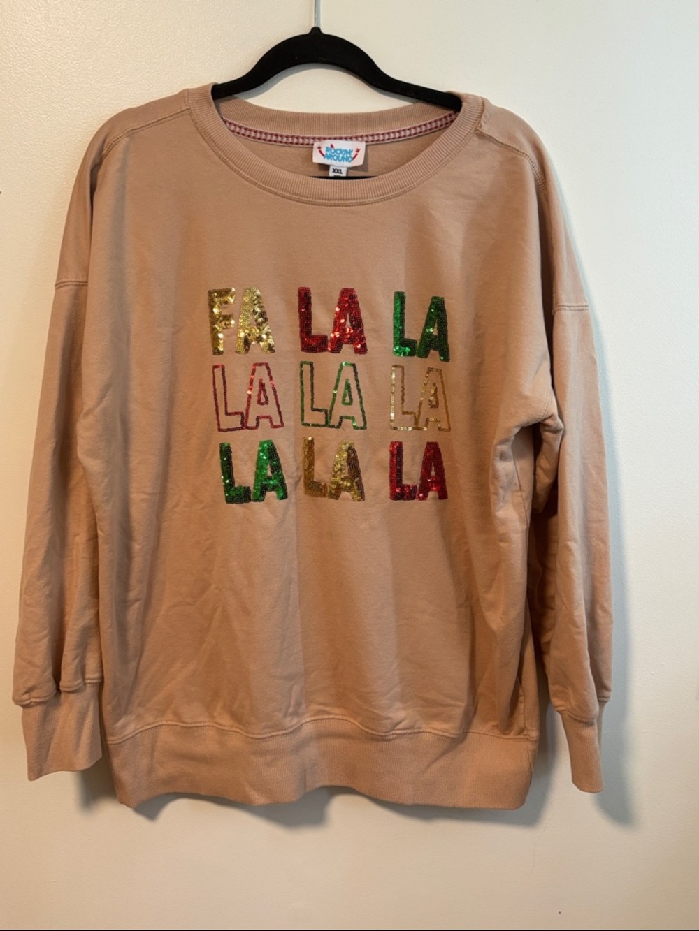 ⭐ 3 for $15 Cozy Beige Sequin 'Fa La La' Crewneck Sweater